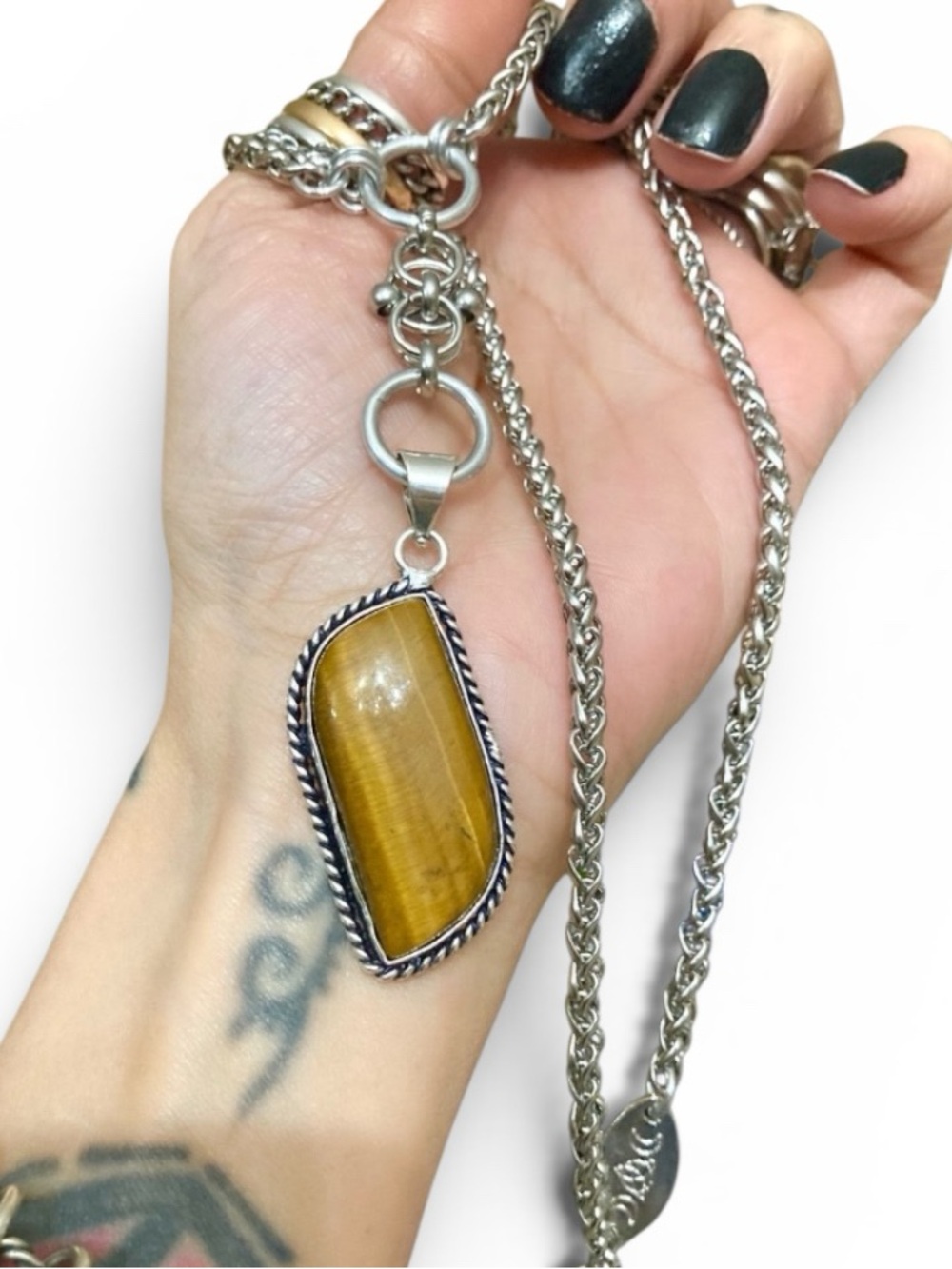 Tiger eye gemstone charm Y shape lariat boho Celtic knot steel chain necklace